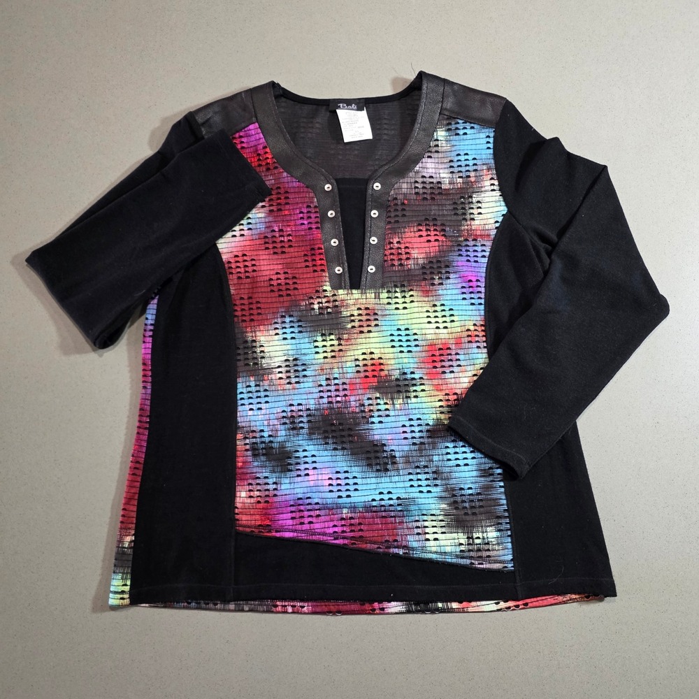 Bali Corp Womens Large Multi Color Abstract Laser Cut Faux Leather Trim Top 6020